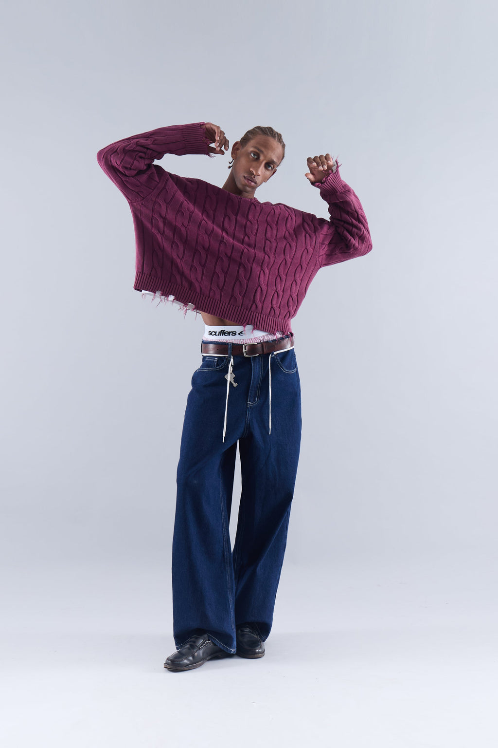 CABLE KNIT DISTRESSED SWEATER