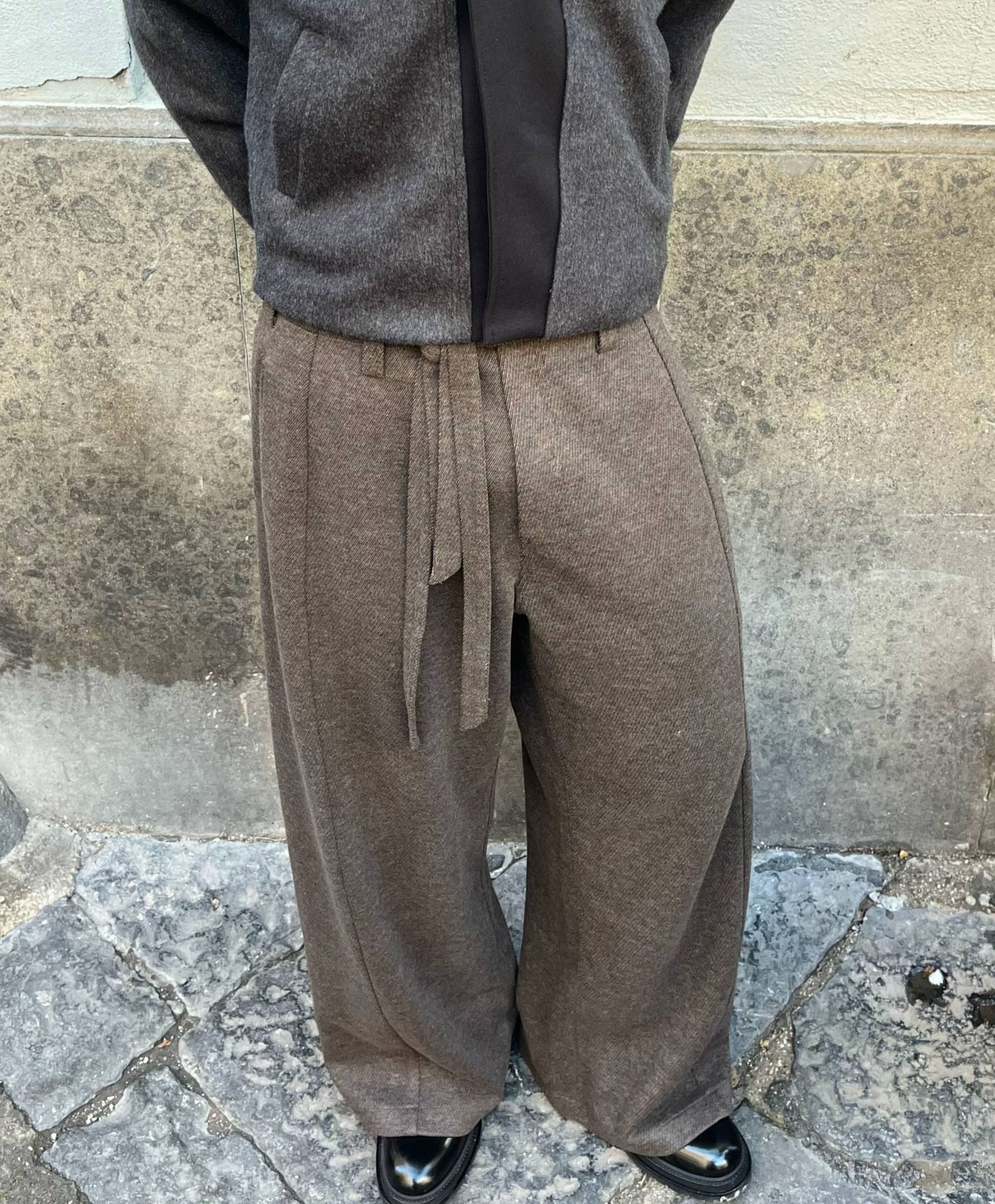 BROWN DRAWSTRING WOOL TROUSERS